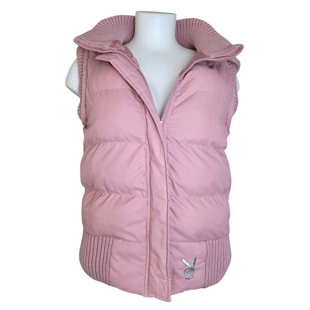 VTG Y2K Playboy Brand Snow Bunny Pink Puffer Vest Bunny Logo Hooded Womens Small